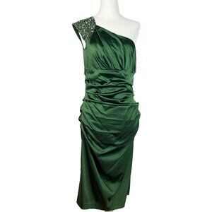 PRE-OWNED - Suzi Chin Green One Shoulder Body-con Dress with Bedazzled Shoulder